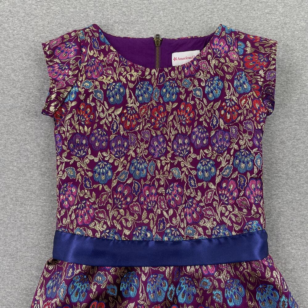American Girl Purple Floral Metallic Holiday Party Dress Size 7 Blue Satin Sash - Picture 6 of 13